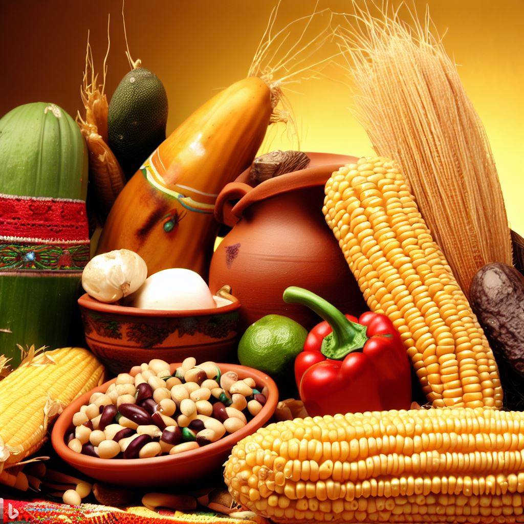 Cajas de productos agrícolas frescos mexicanos, como frutas y verduras, listas para exportación, con etiquetas que indican su origen mexicano y la bandera de México.