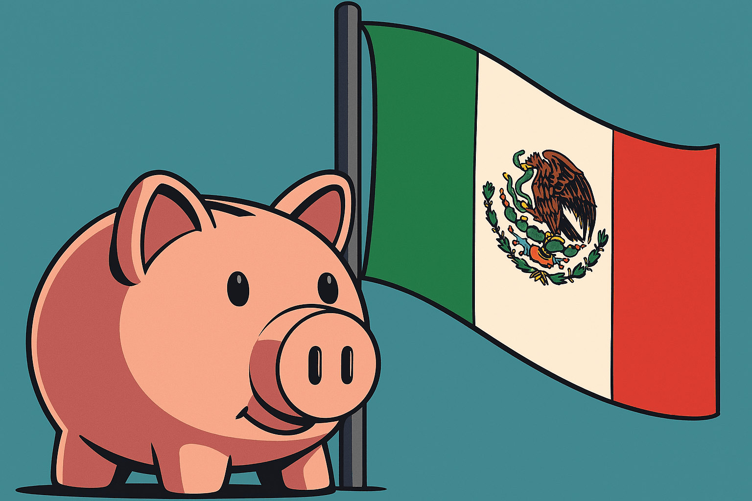 Ilustración de una alcancía en forma de cerdito junto a la bandera de México, representando el ahorro e inversión en el país.