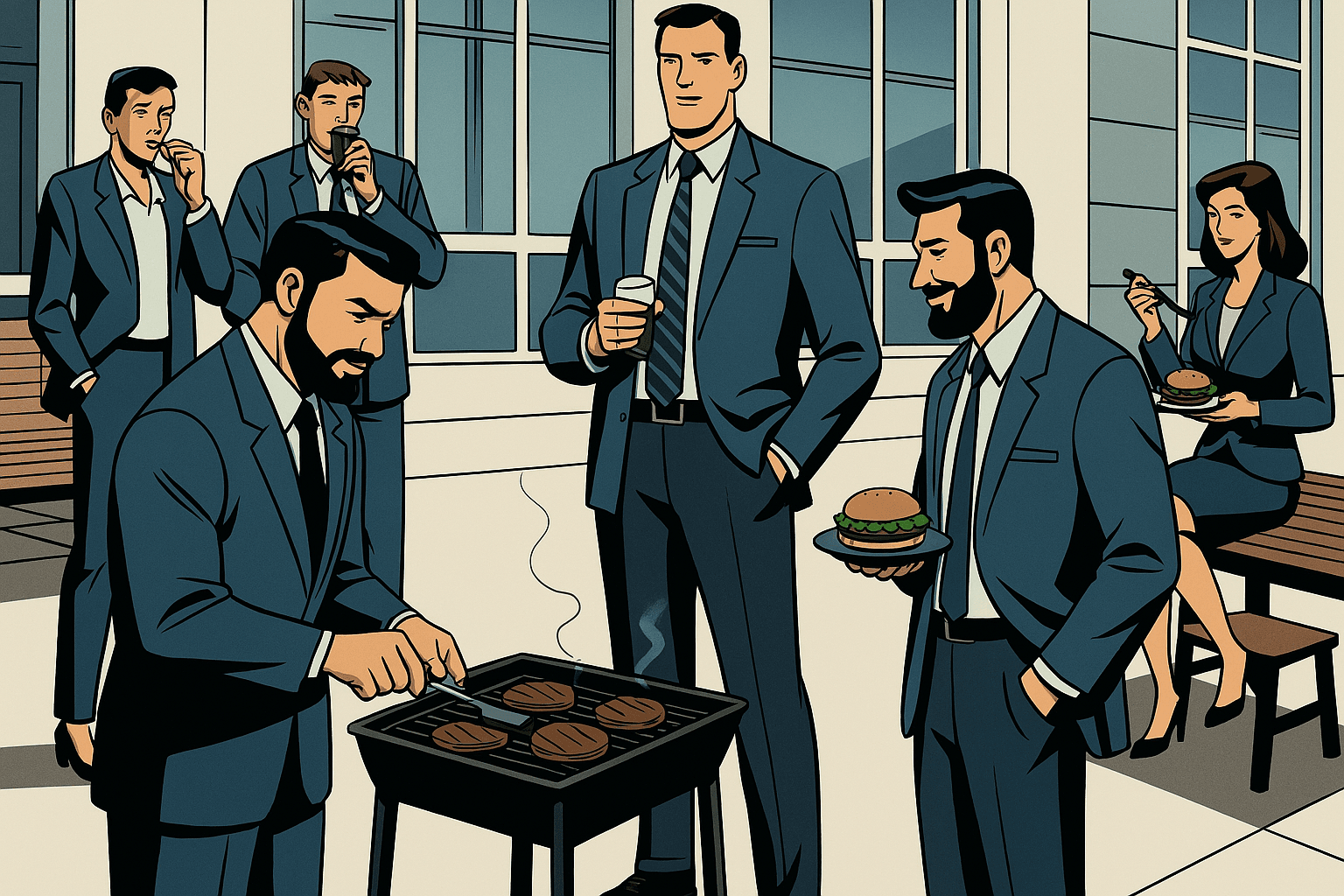 Profesionales en traje compartiendo una parrillada y conversando de forma informal, representando relaciones interpersonales en el entorno laboral.