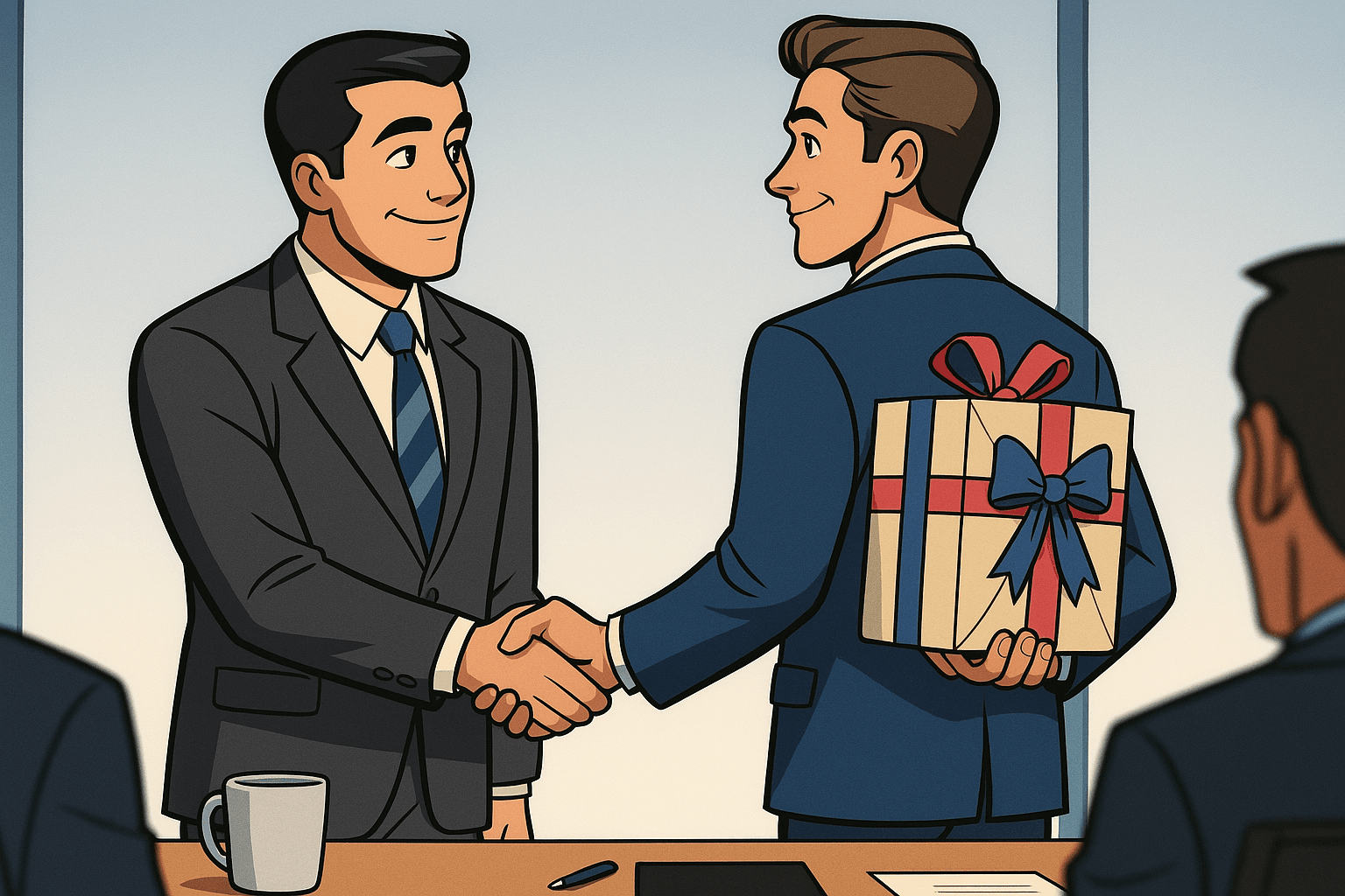 Empresarios estrechando manos en una reunión, uno de ellos sostiene un regalo detrás de la espalda.