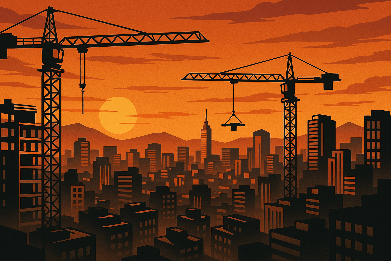 Panorama urbano de Ciudad de México al atardecer con grúas de construcción simbolizando nuevas inversiones públicas.