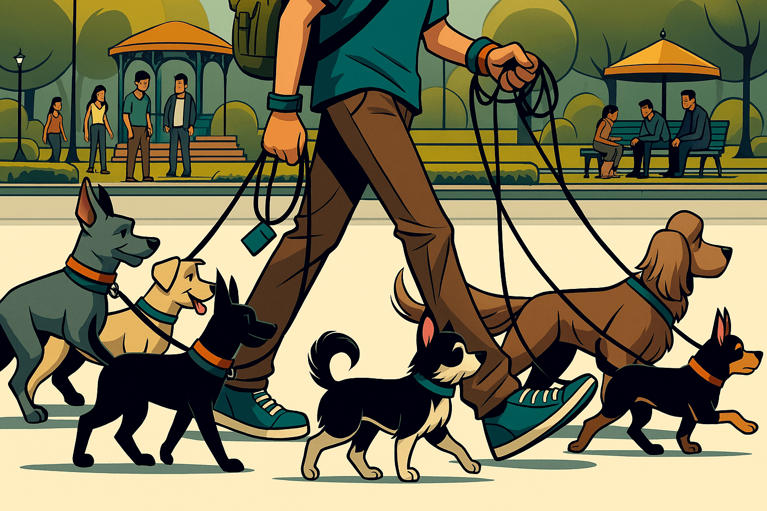 Estudiante paseando varios perros en un parque, representando trabajos flexibles para generar ingresos extra mientras se estudia.