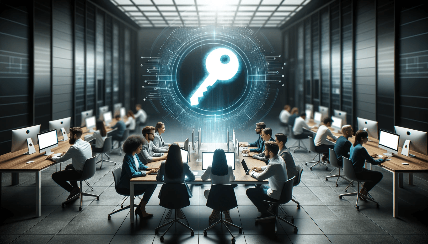 Photo of a diverse group of people sitting in a modern office, working on their computers