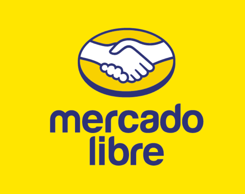 Logotipo de Mercado Libre con fondo amarillo y manos estrechadas en el centro.