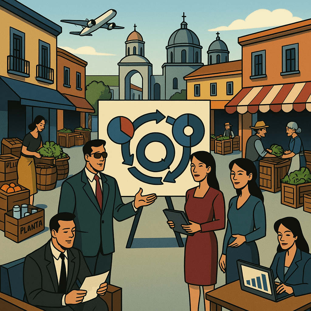 Empresarios mexicanos presentando estrategias de ahorro en un mercado local con gráficos y computadoras, simbolizando optimización de gastos en negocios.