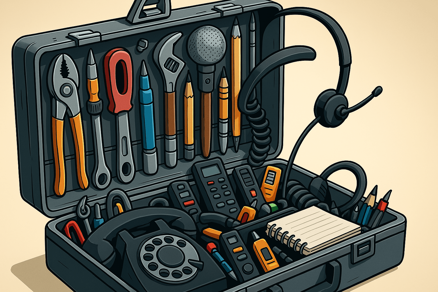 Ilustración de un maletín abierto con herramientas tradicionales y digitales como micrófono, teléfono, audífonos y bloc de notas, representando soluciones gratuitas para servicio al cliente.