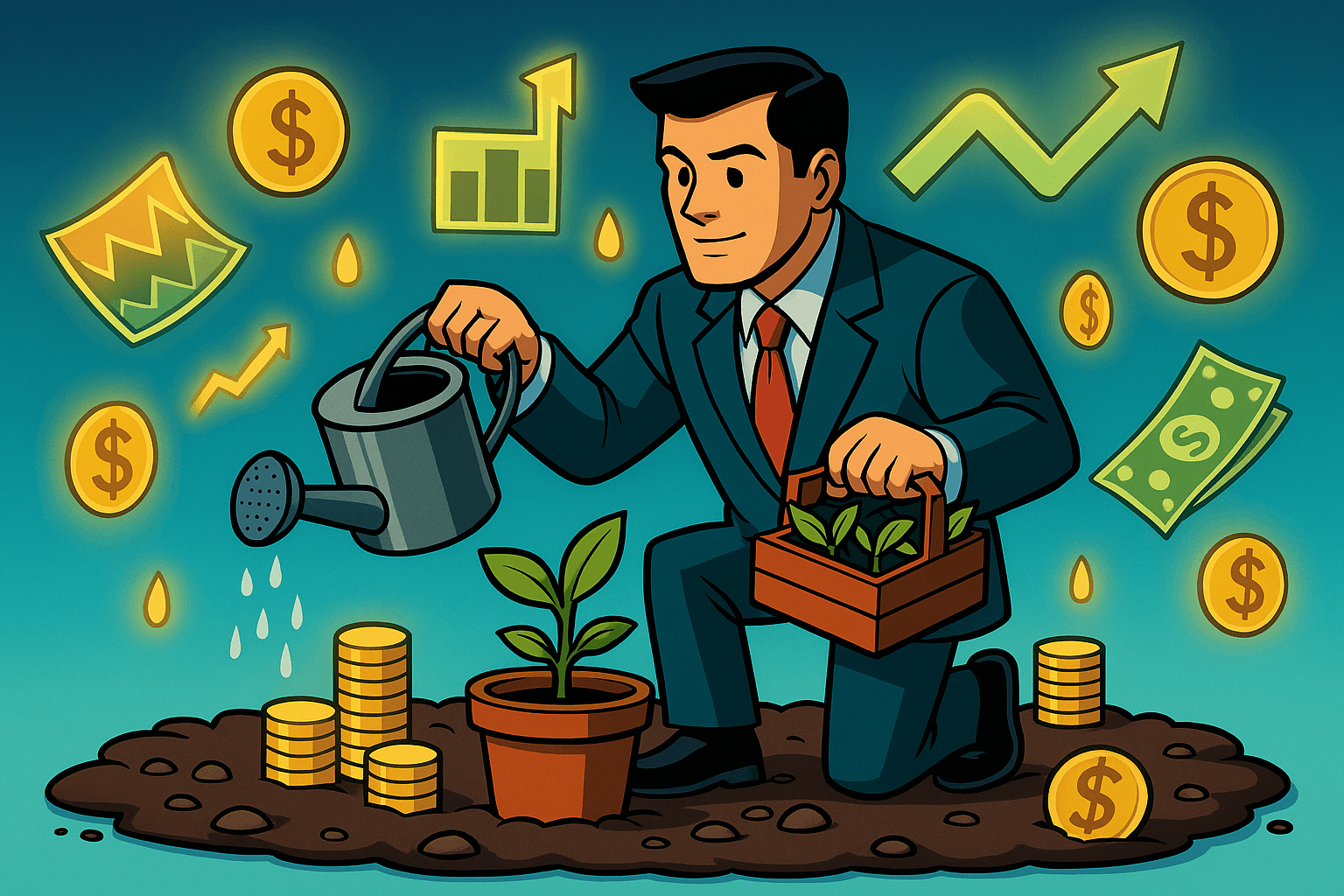 Emprendedor regando plantas con símbolos de dinero, crecimiento y éxito financiero, representando la inversión de capital semilla en un negocio.