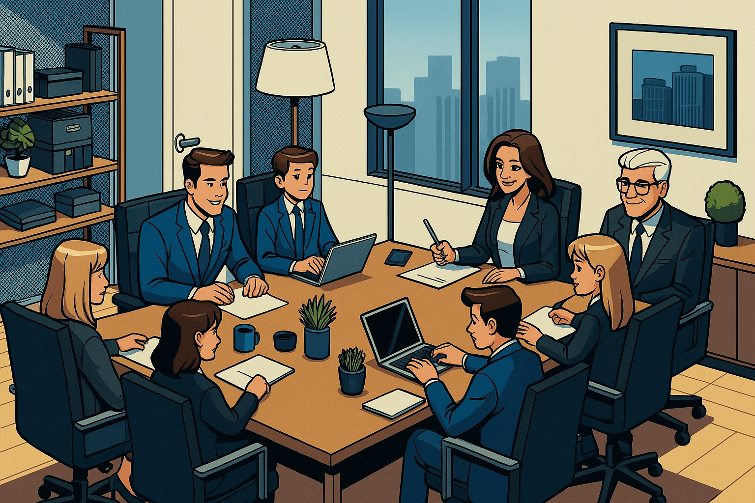 Reunión profesional con varias personas en traje dentro de una sala de juntas, simbolizando la gestión formal y estructurada de un negocio familiar.