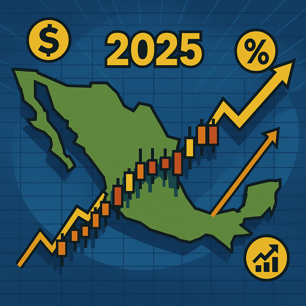 Mapa de México con indicadores financieros al alza y proyecciones económicas para 2025.