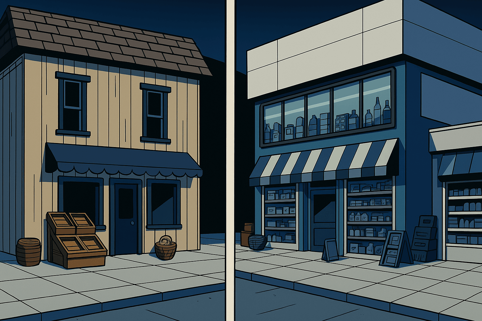 Comparación visual entre una tienda tradicional y un supermercado moderno, representando la evolución y crecimiento del sector minorista.