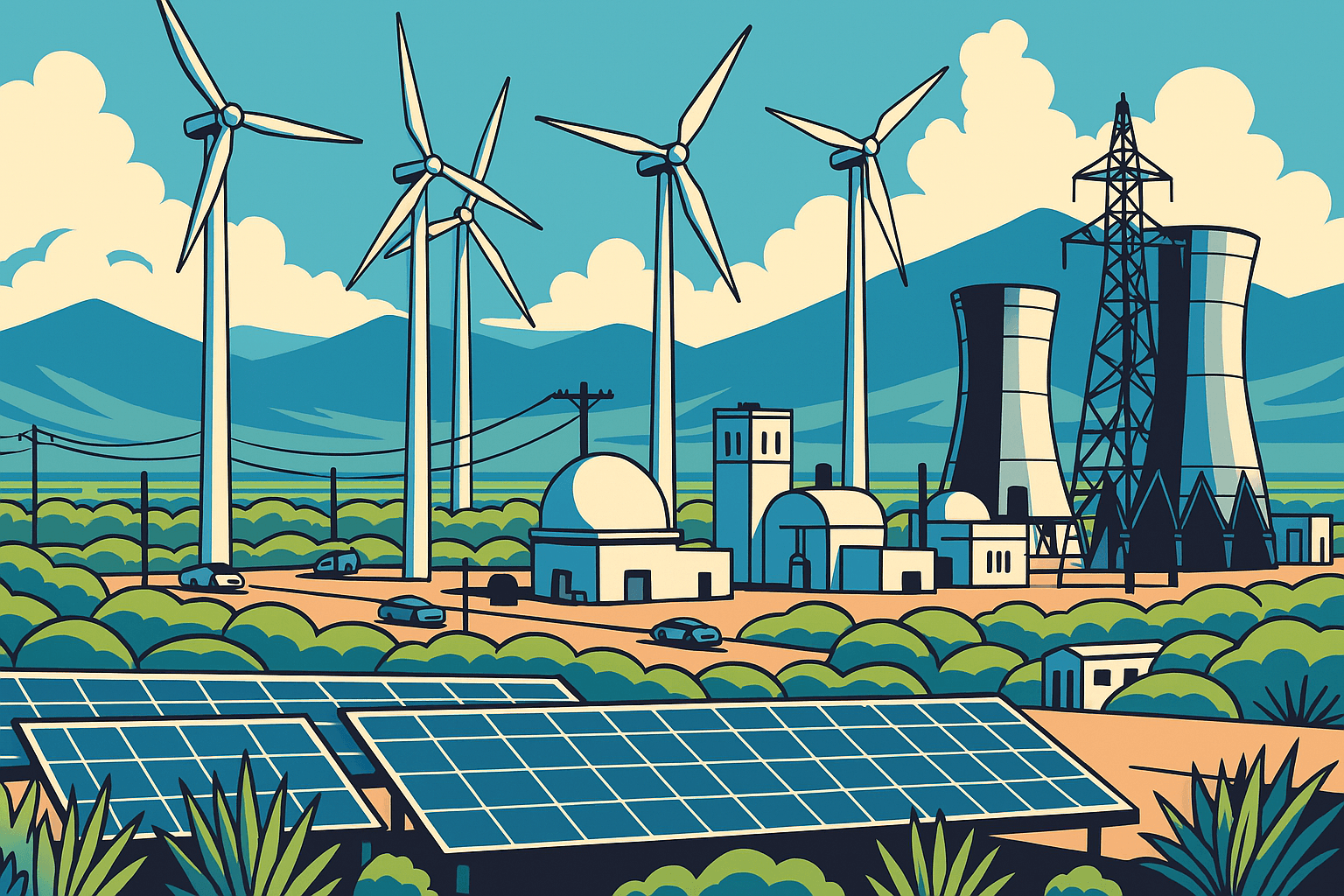 Ilustración de una planta industrial con paneles solares, turbinas eólicas y torres de energía, representando el uso de energías limpias en empresas sostenibles.