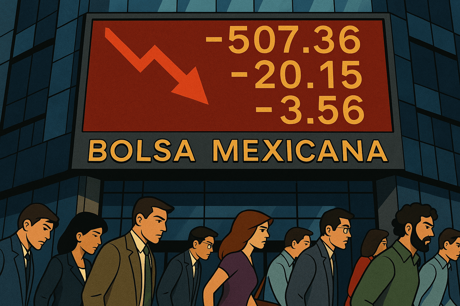 Personas caminando frente a la Bolsa Mexicana de Valores con una pantalla que muestra una fuerte caída en el mercado