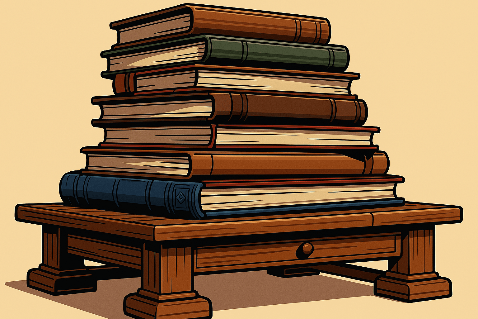 Ilustración de una pila de libros sobre una mesa de madera, simbolizando conocimientos clave para emprendedores y empresarios.