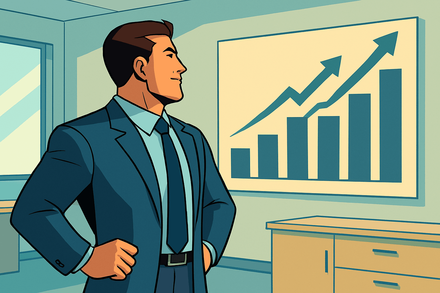 Empresario observando con confianza una gráfica de crecimiento en una oficina