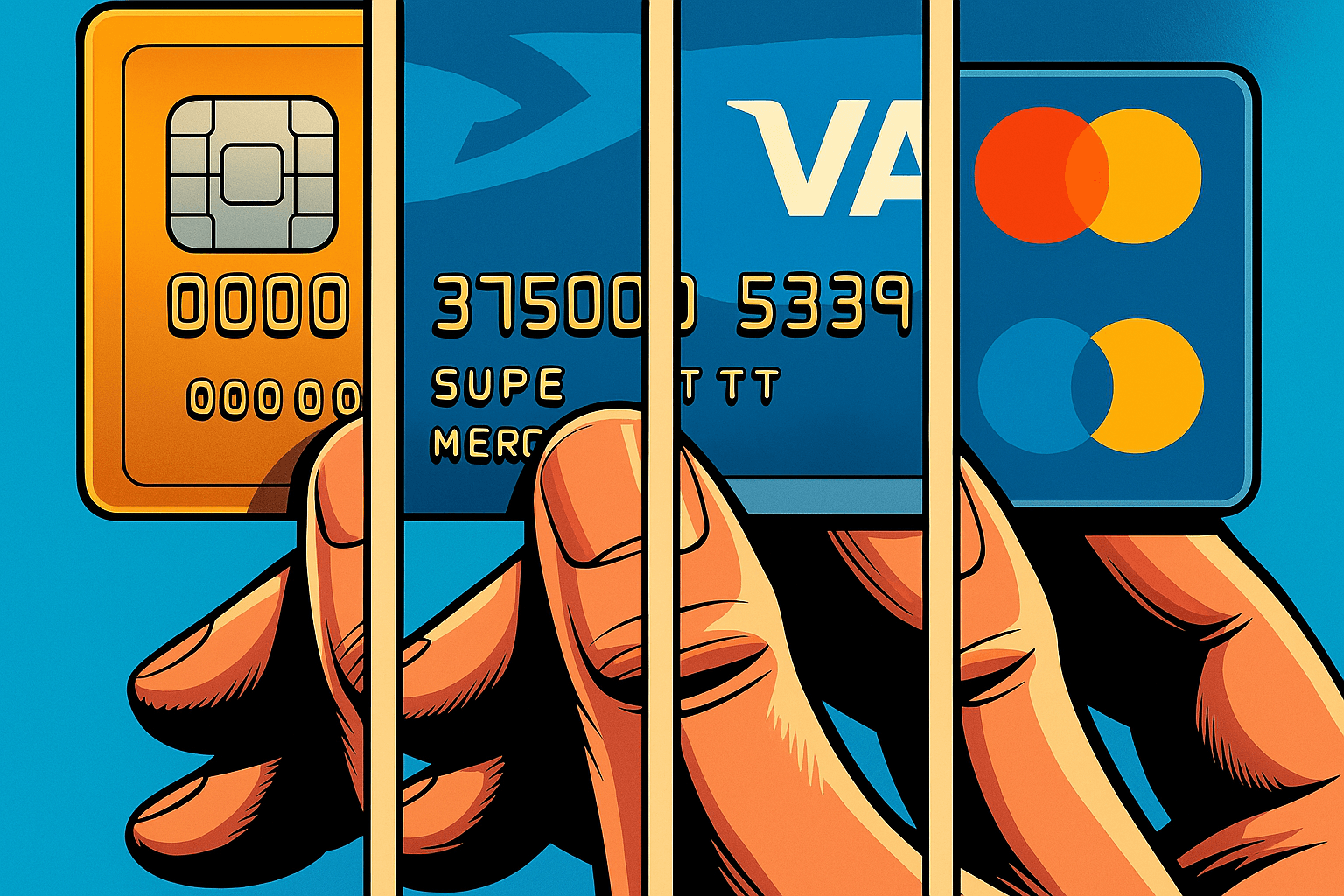 Ilustración de varias tarjetas de crédito sostenidas por una mano, representando la comparación y elección de opciones financieras para empresas.