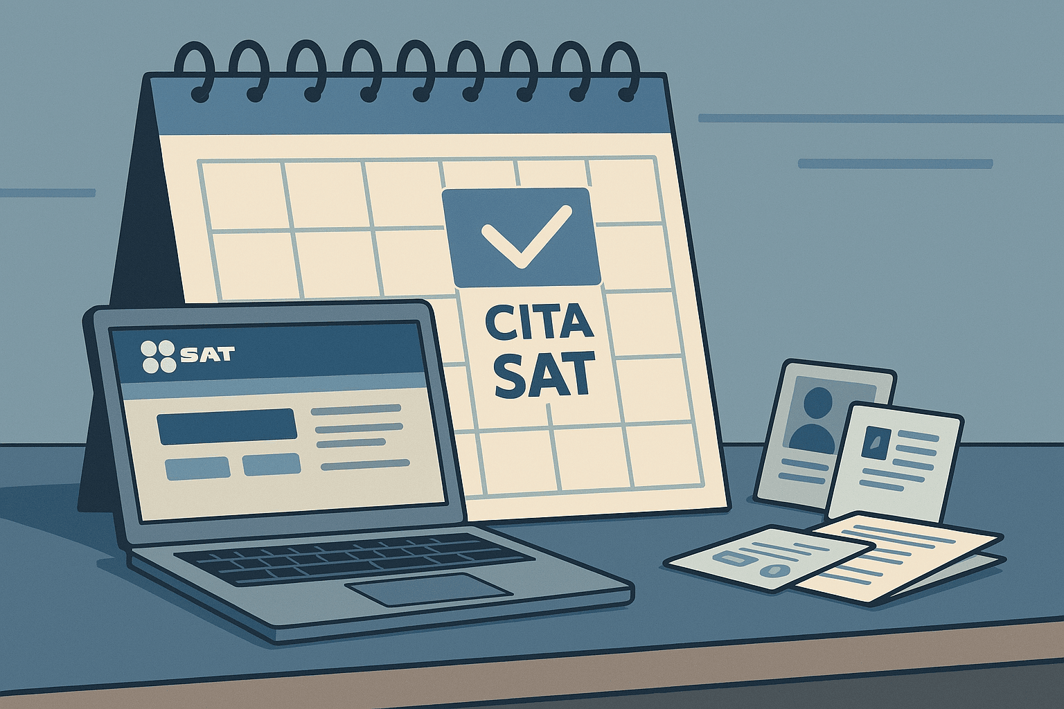 Calendario con cita confirmada del SAT, computadora portátil con sitio web del SAT abierto y documentos de identificación sobre una mesa