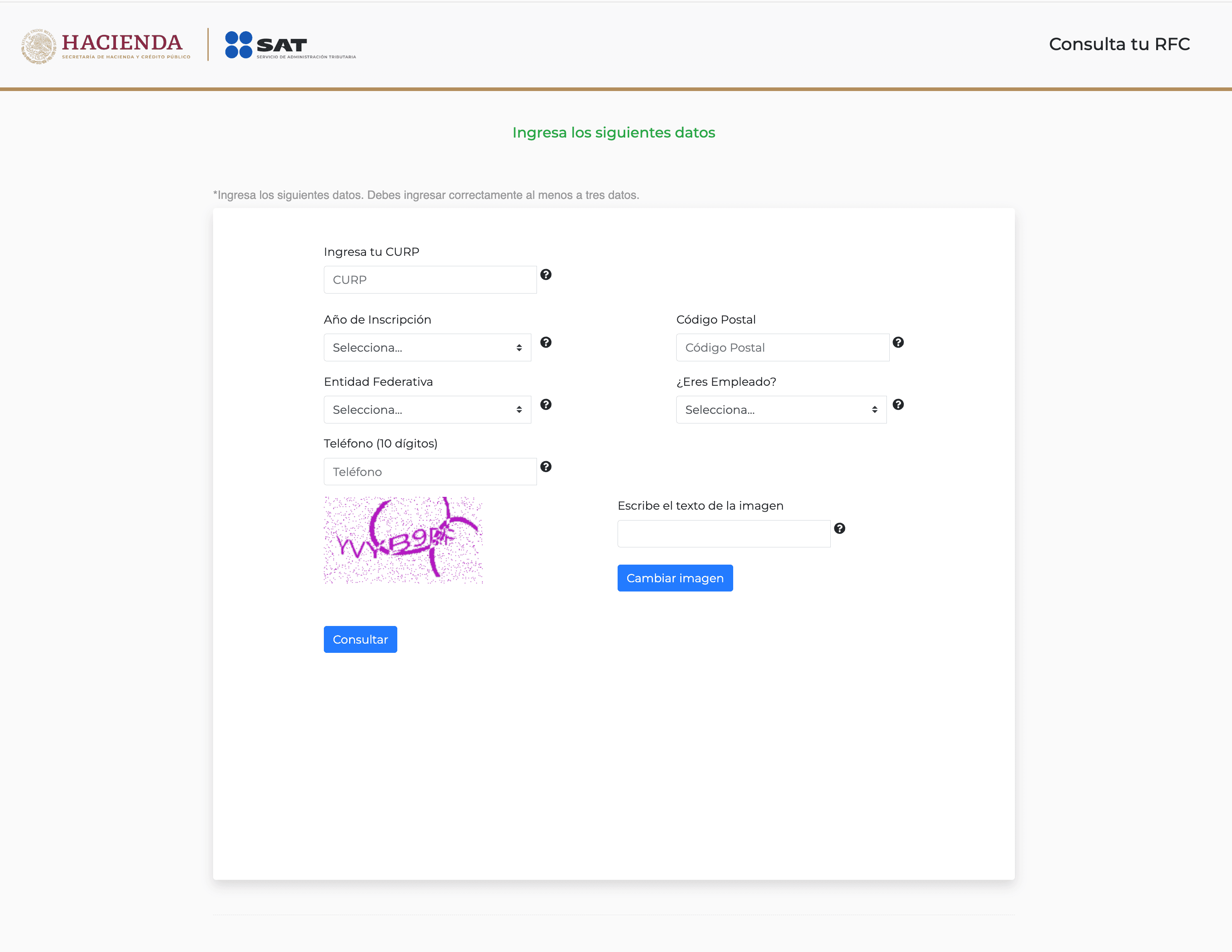 Formulario oficial del SAT para consultar tu RFC utilizando la CURP y otros datos personales