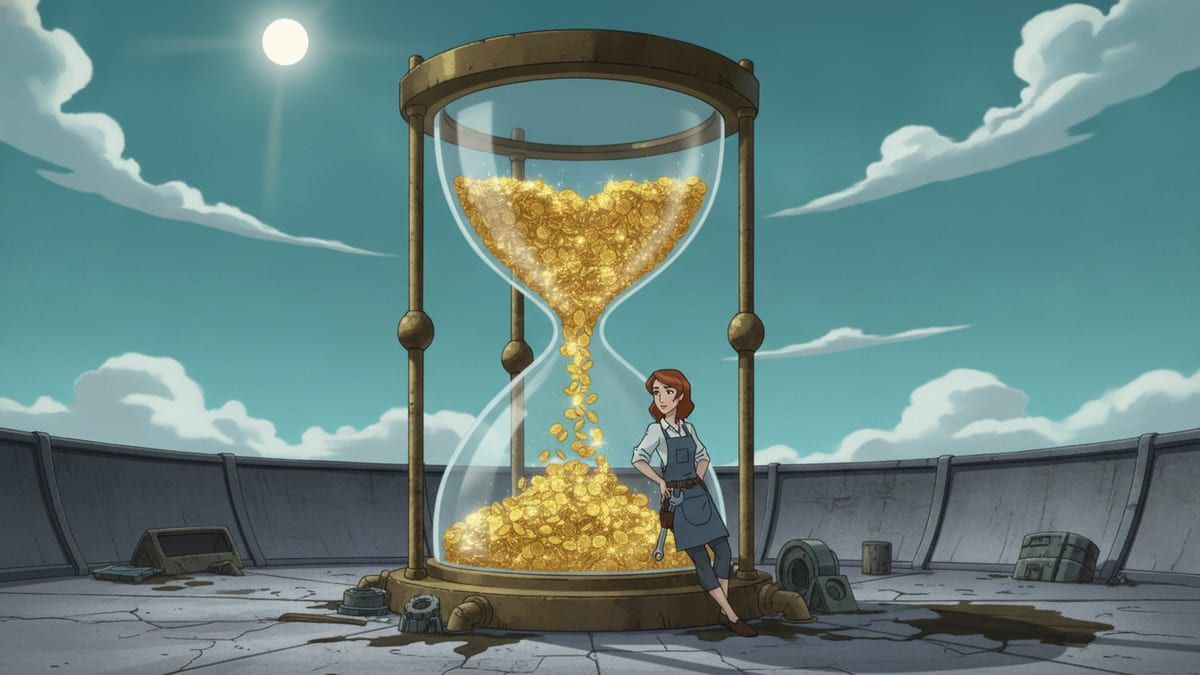 Reloj de arena gigante con monedas de oro cayendo en un patio industrial soleado