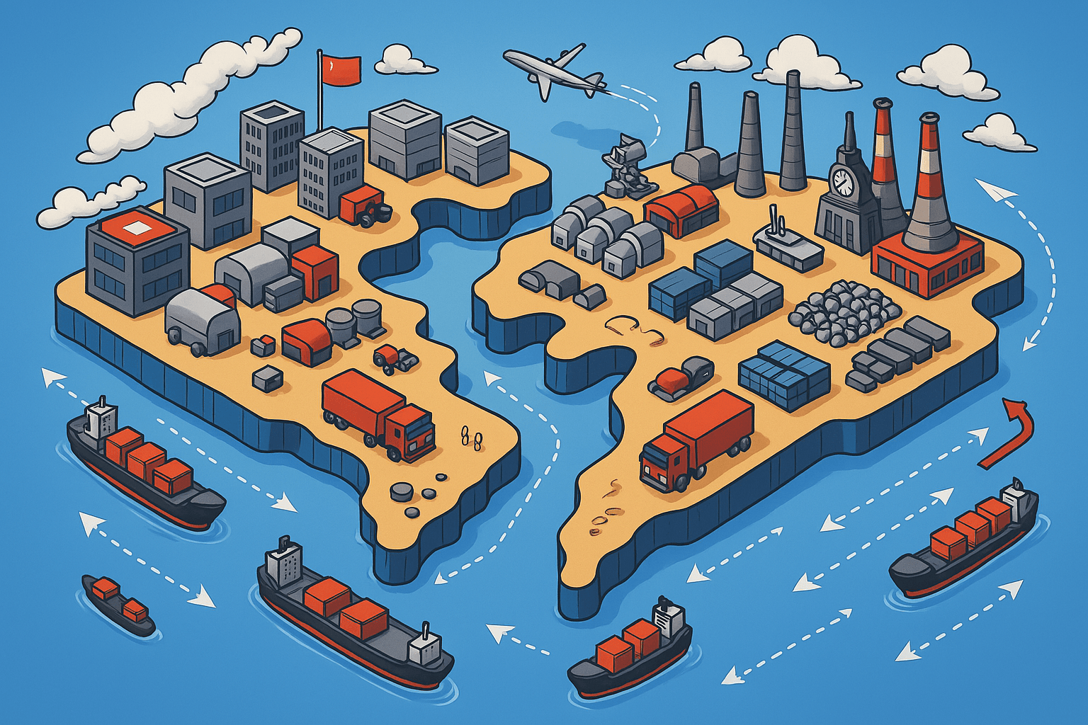 Ilustración de cadenas de suministro globales con barcos, camiones, fábricas y almacenes conectando dos regiones, representando el impacto del nearshoring.