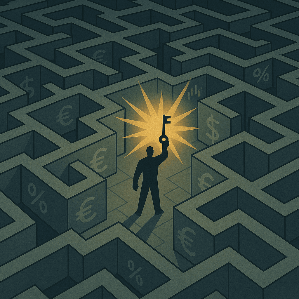 Persona en un laberinto financiero sosteniendo una llave brillante como símbolo de solución ante condiciones económicas inciertas.