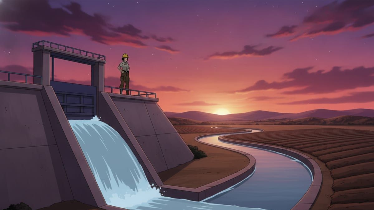 Compuerta abierta de una presa libera un chorro de agua hacia un canal de riego al atardecer, como metáfora del flujo de caja libre.