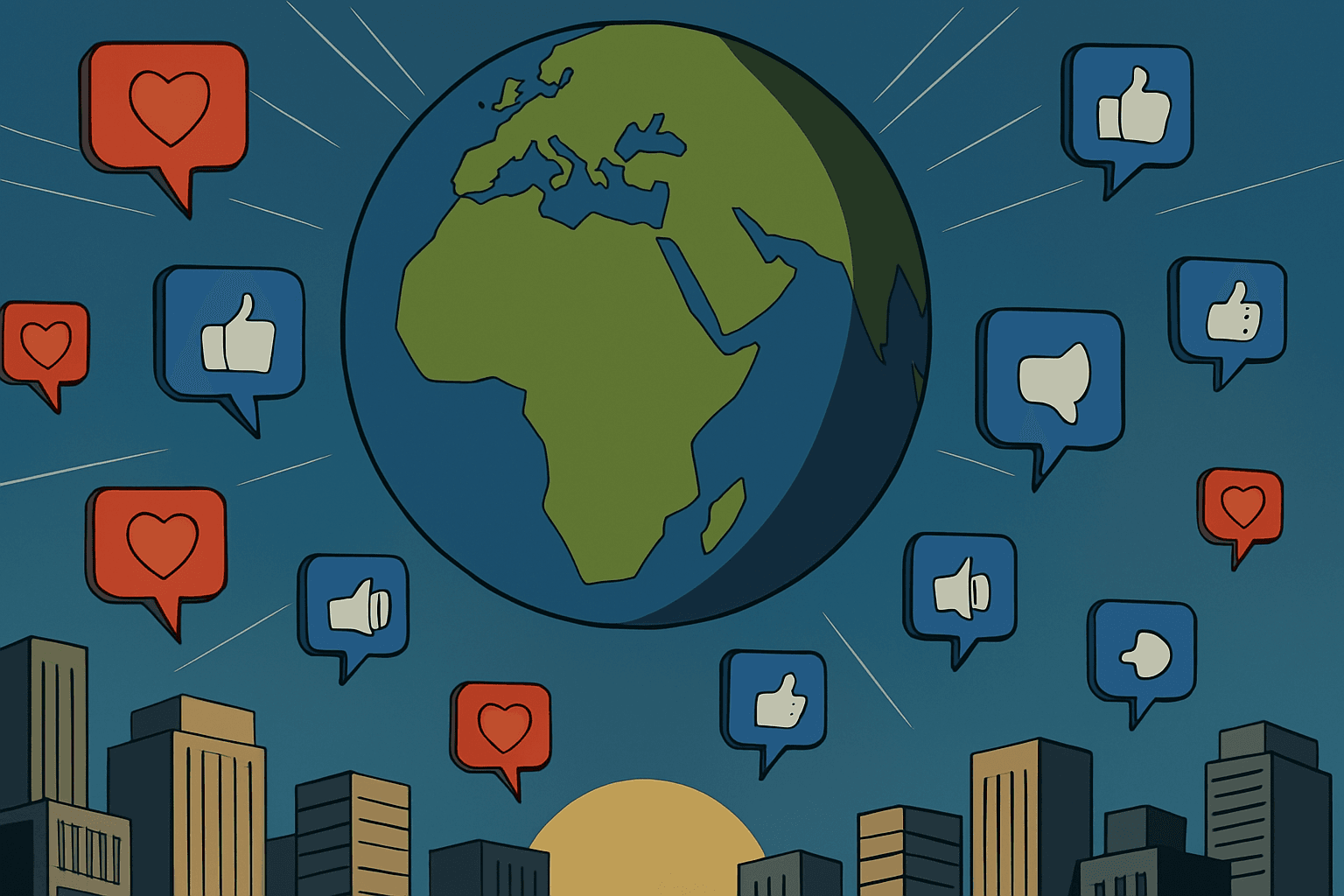 Ilustración de notificaciones push con íconos de me gusta y corazones alrededor del mundo, simbolizando la conexión global con la audiencia.