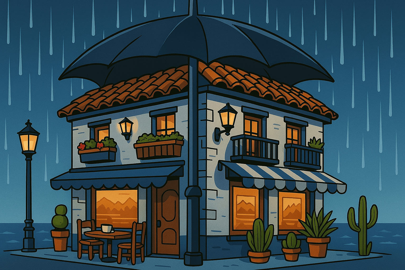 Ilustración de una pequeña empresa protegida por un paraguas gigante durante una tormenta, simbolizando la protección ante crisis económicas.