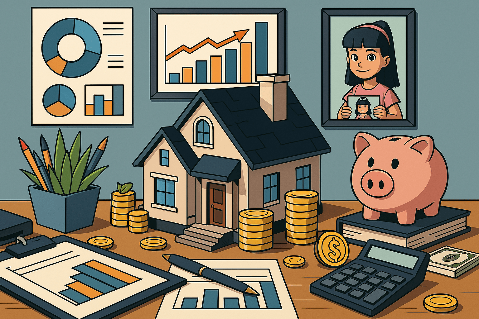 Ilustración de una casa rodeada de gráficos, monedas, alcancía, calculadora y documentos financieros, simbolizando la gestión financiera del hogar como si fuera una empresa.