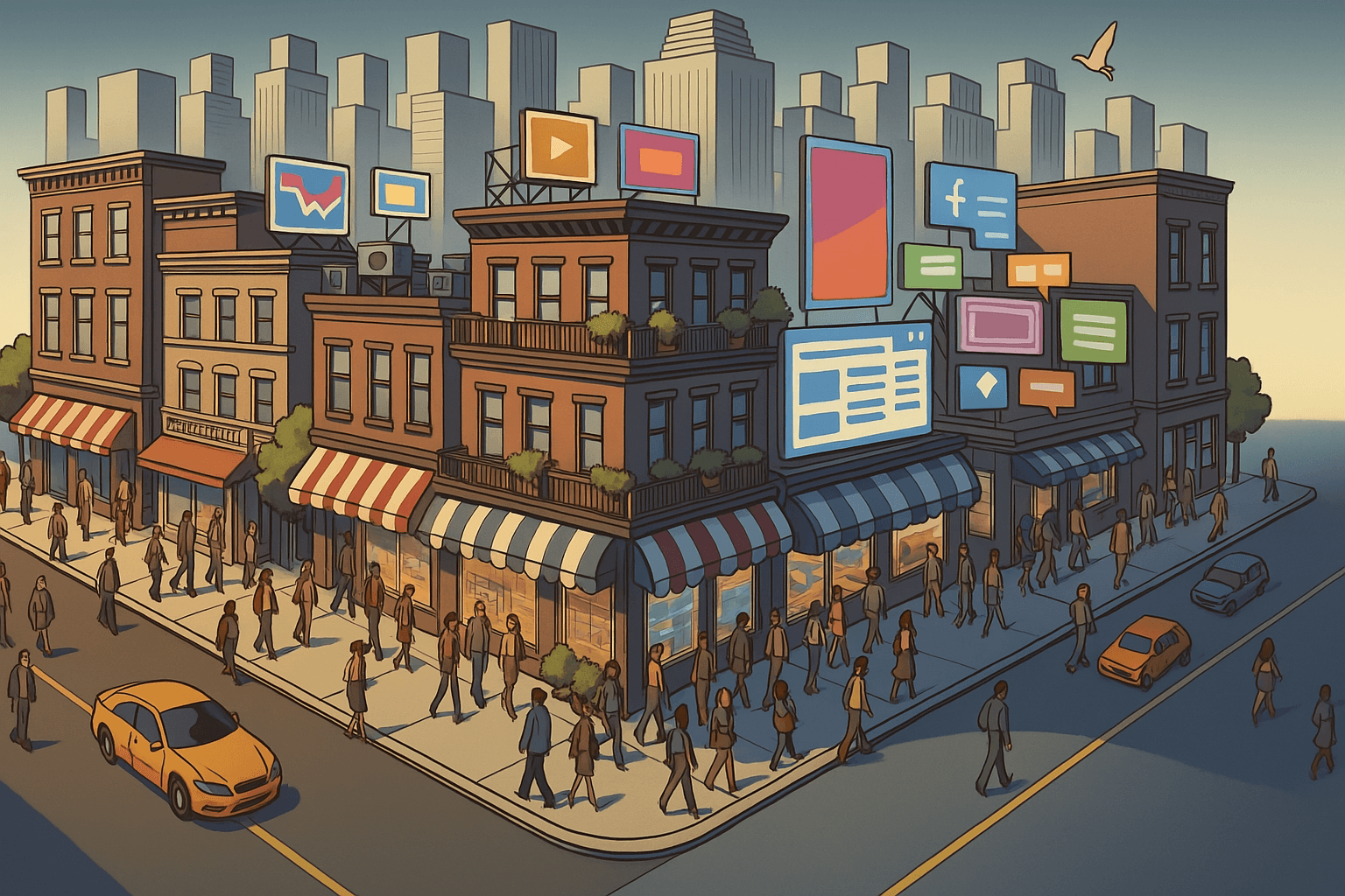 Ilustración de una ciudad con tiendas físicas rodeadas de letreros digitales de redes sociales y plataformas de marketing, representando la integración entre marketing online y offline.