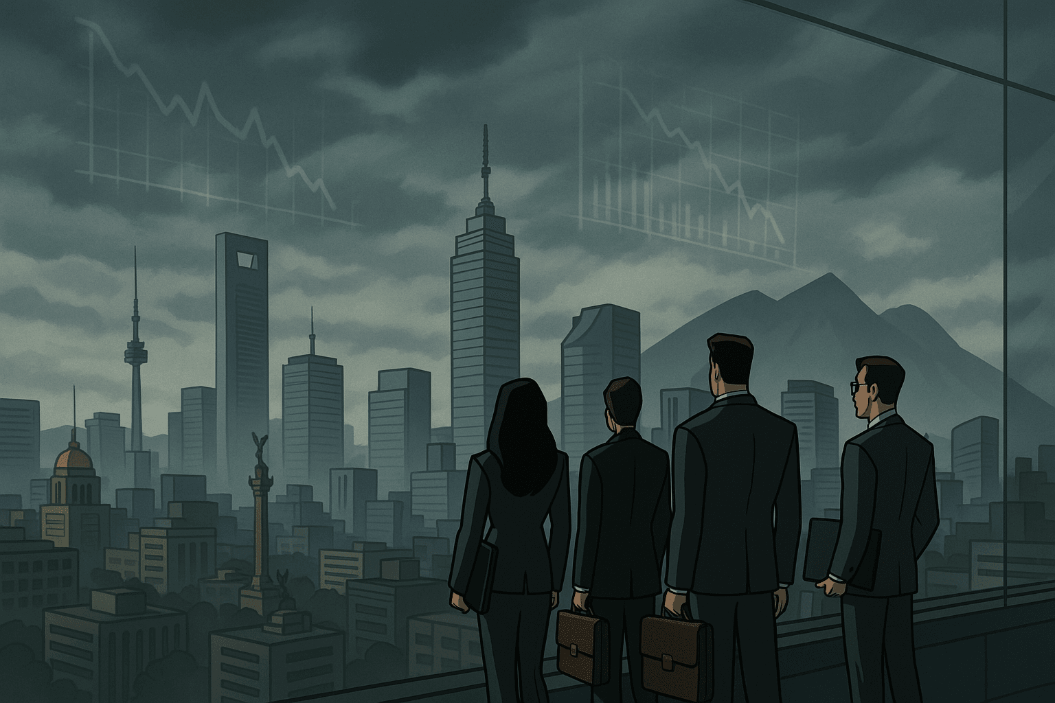 Ilustración de empresarios observando una ciudad gris con gráficos de caída en el cielo, representando el impacto de la incertidumbre política en el entorno empresarial de México.