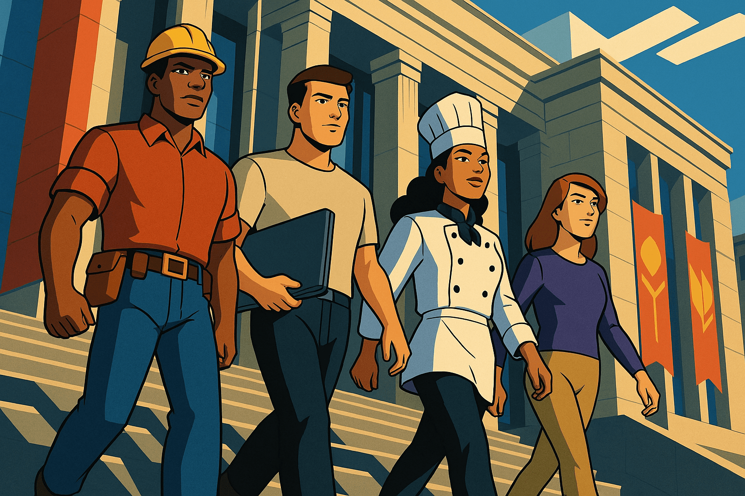 Jóvenes mexicanos con diferentes oficios saliendo de una institución, representando el programa Jóvenes Construyendo el Futuro.