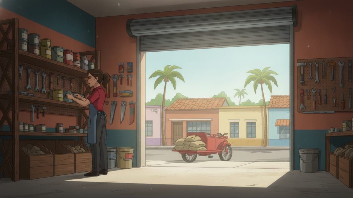 Dueña de una tlapalería acomoda productos en los estantes de su tienda a mediodía, ilustración estilo animación.