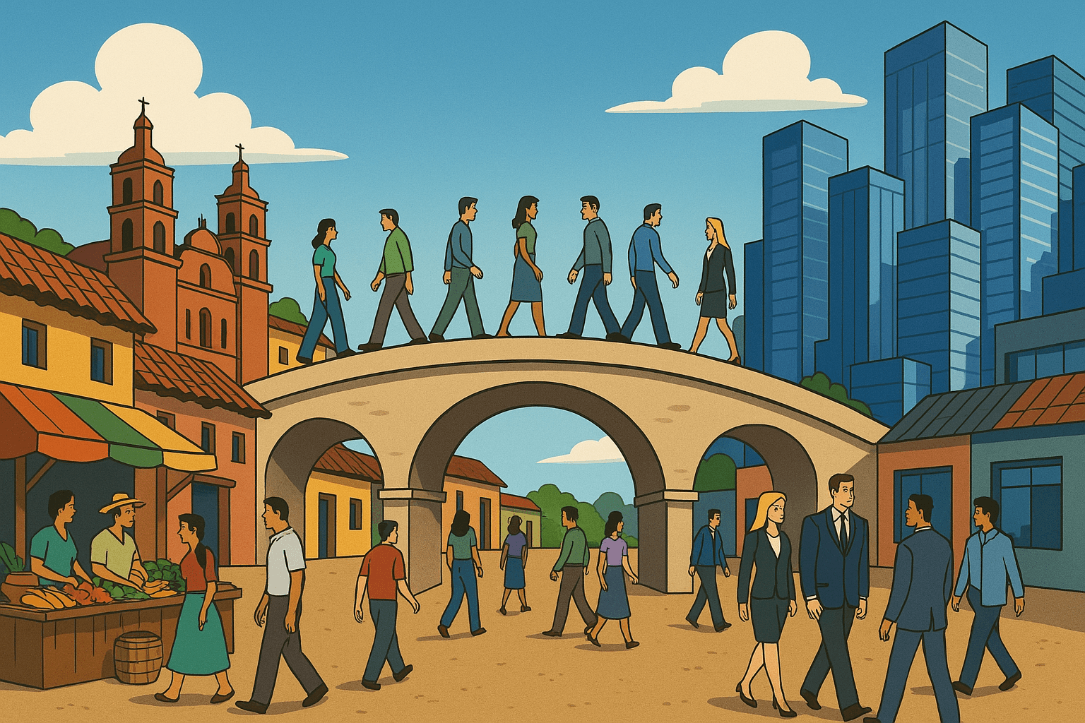 Ilustración de personas cruzando un puente que conecta un pueblo tradicional mexicano con una ciudad moderna, representando la conexión entre la cultura local y el mundo empresarial.