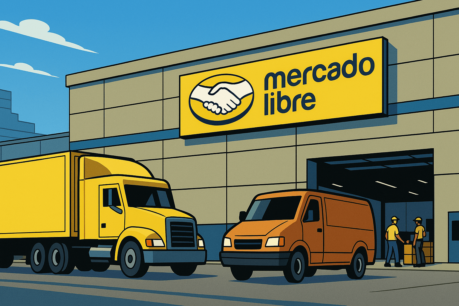 Centro logístico de MercadoLibre en México con camiones de reparto y trabajadores moviendo paquetes.