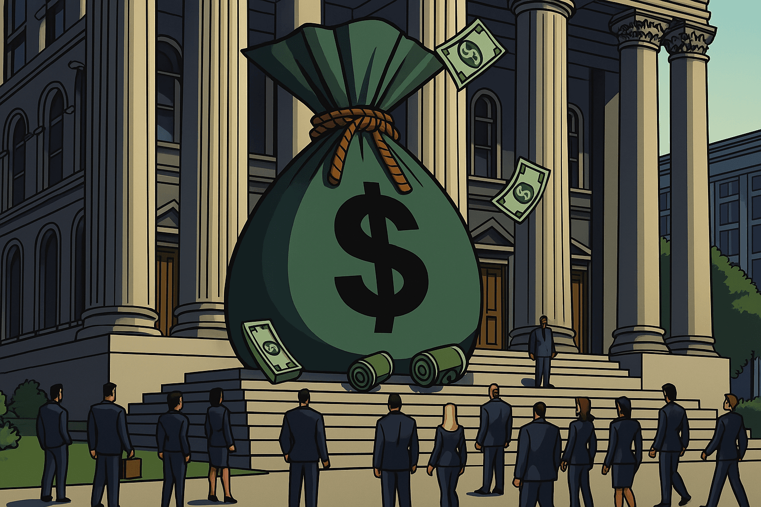 Ilustración de emprendedores frente a un edificio institucional con un gran costal de dinero, simbolizando los apoyos económicos disponibles para emprendedores en México.