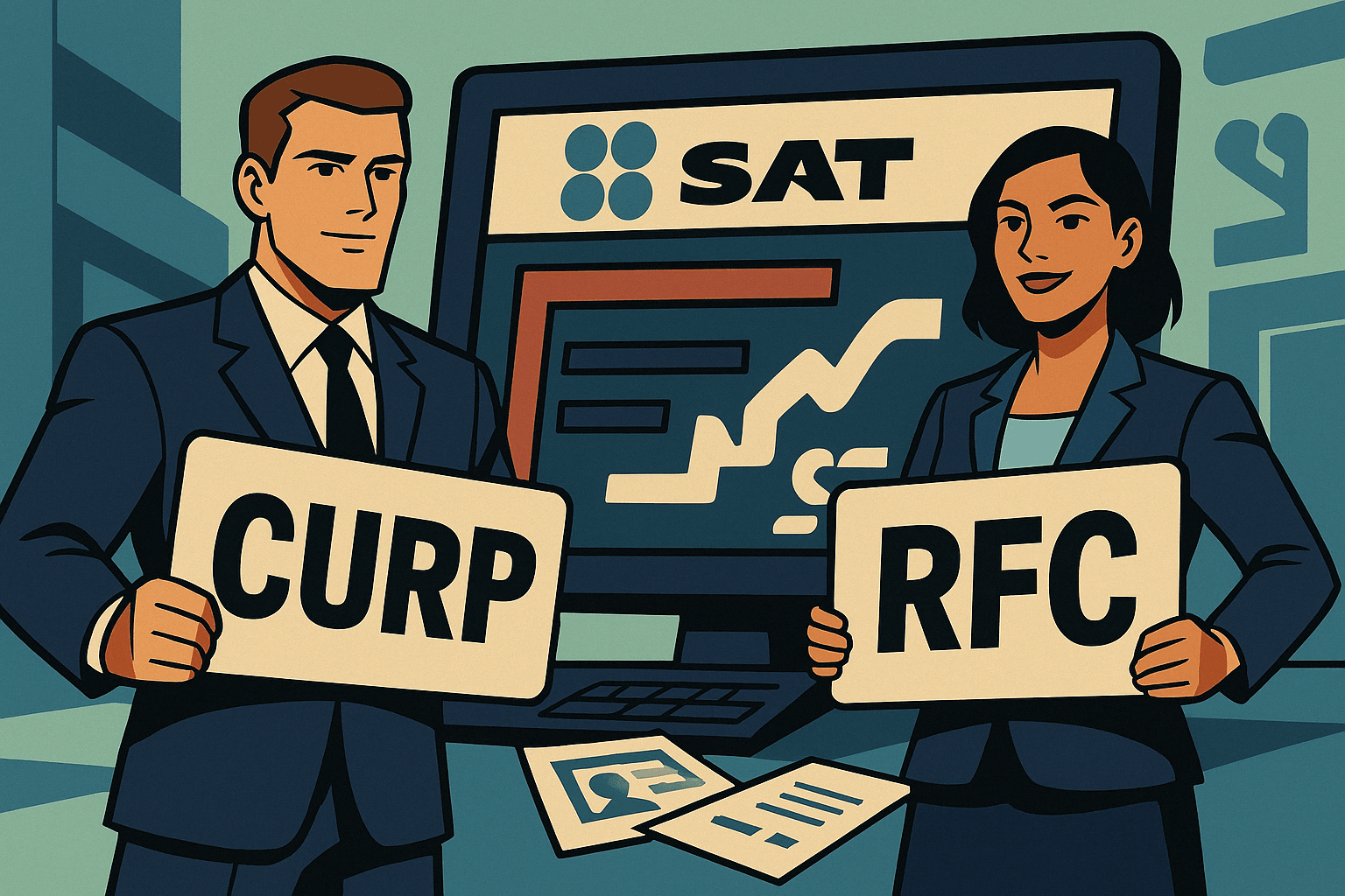 Personas mostrando CURP y RFC frente al portal del SAT para consultar datos fiscales.