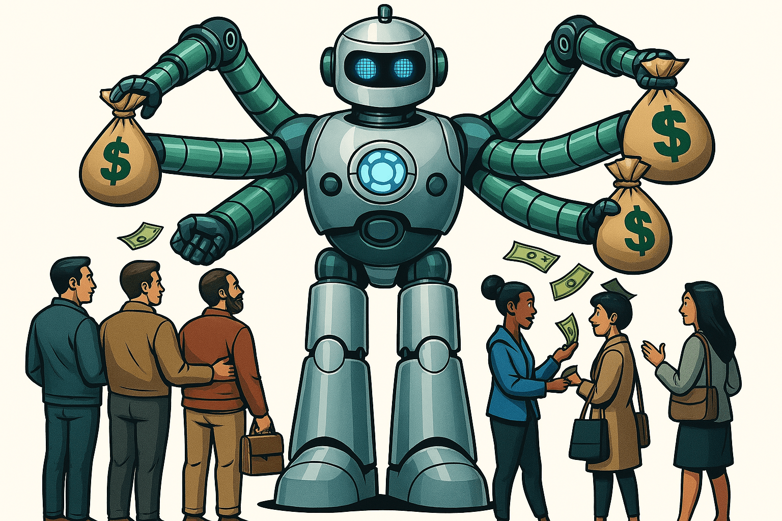 Robot automatizado entregando dinero a proveedores en fila, simbolizando la eficiencia en pagos empresariales.