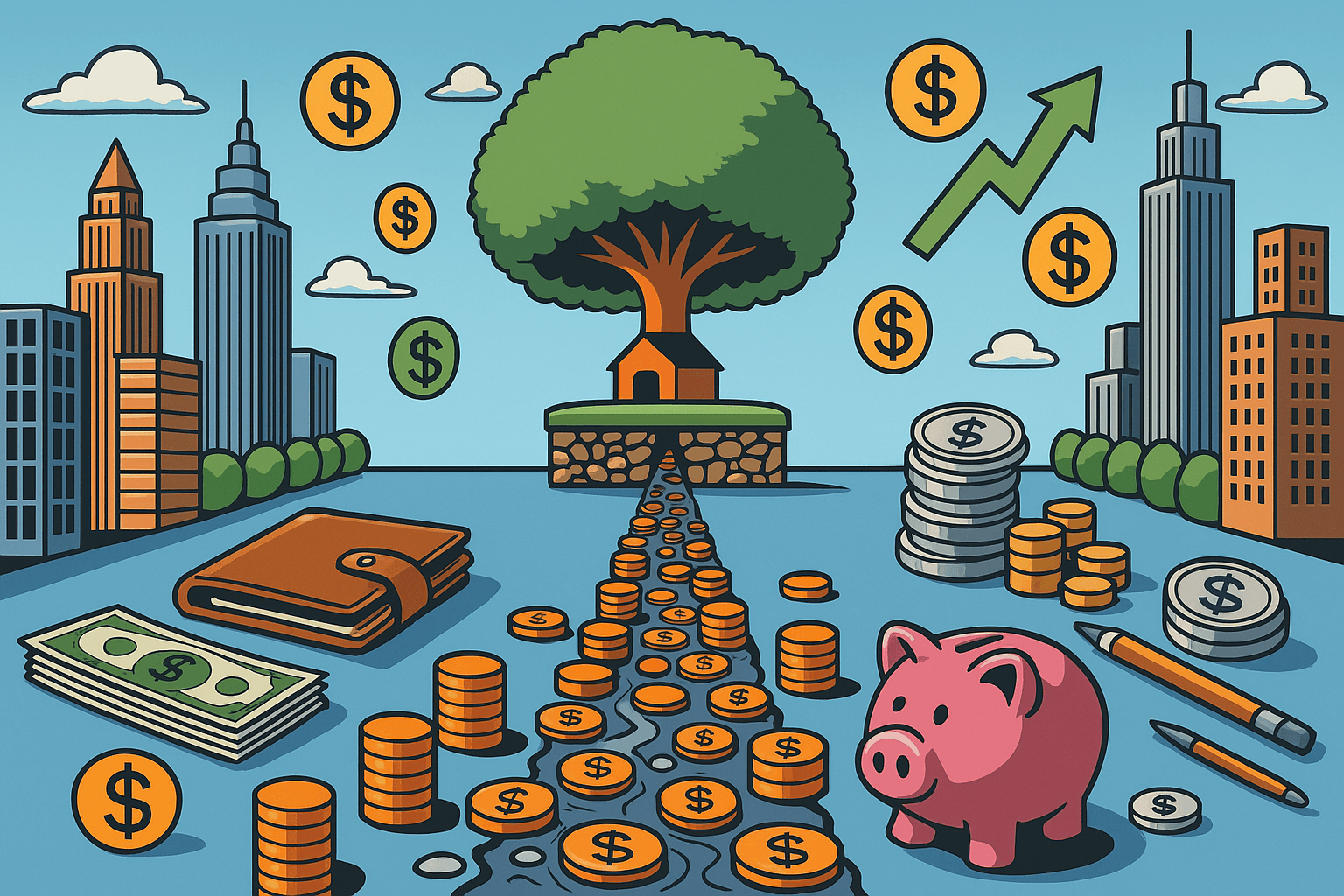 Ilustración de una alcancía, monedas, billetes y un árbol creciendo sobre una casa, simbolizando el crecimiento del dinero al convertir ahorros en inversiones.