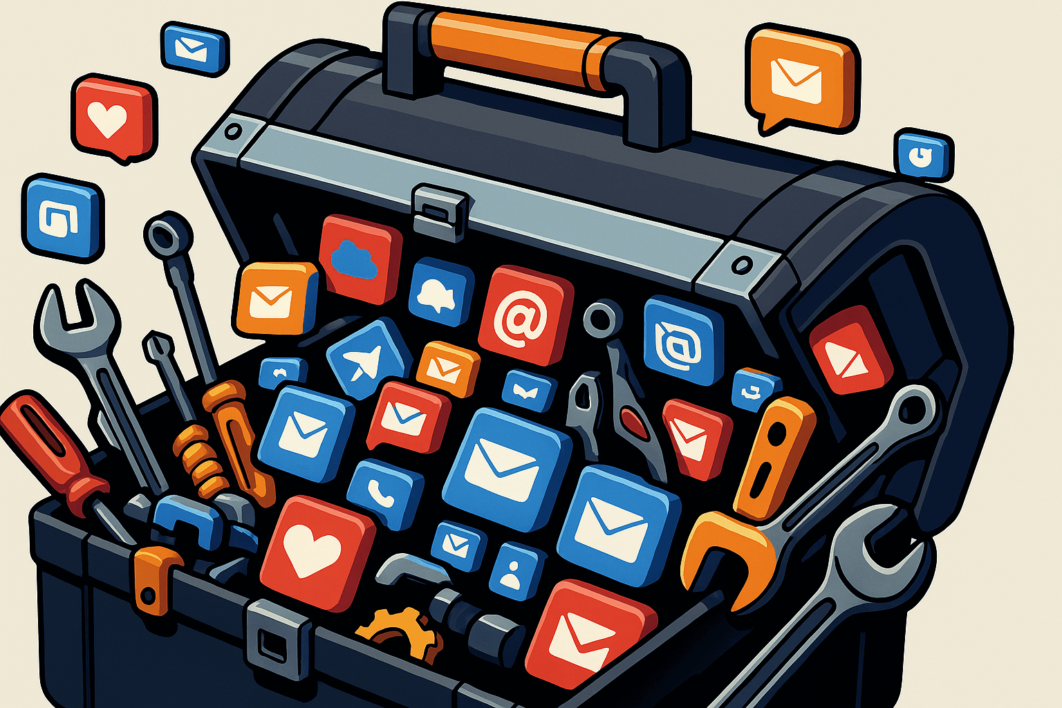 Ilustración de una caja de herramientas llena de íconos de correo electrónico y redes sociales, representando el email marketing como herramienta fundamental en estrategias digitales.