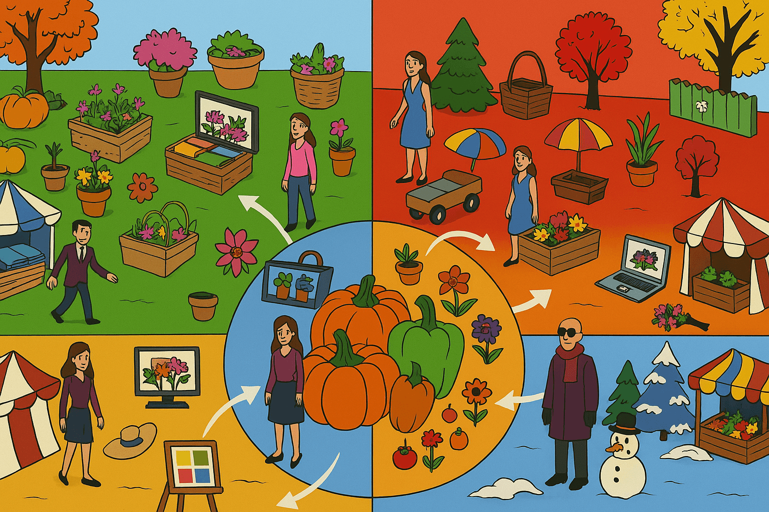 Ilustración del ciclo de las estaciones con personas, productos y mercados cambiando según primavera, verano, otoño e invierno, representando el marketing estacional.