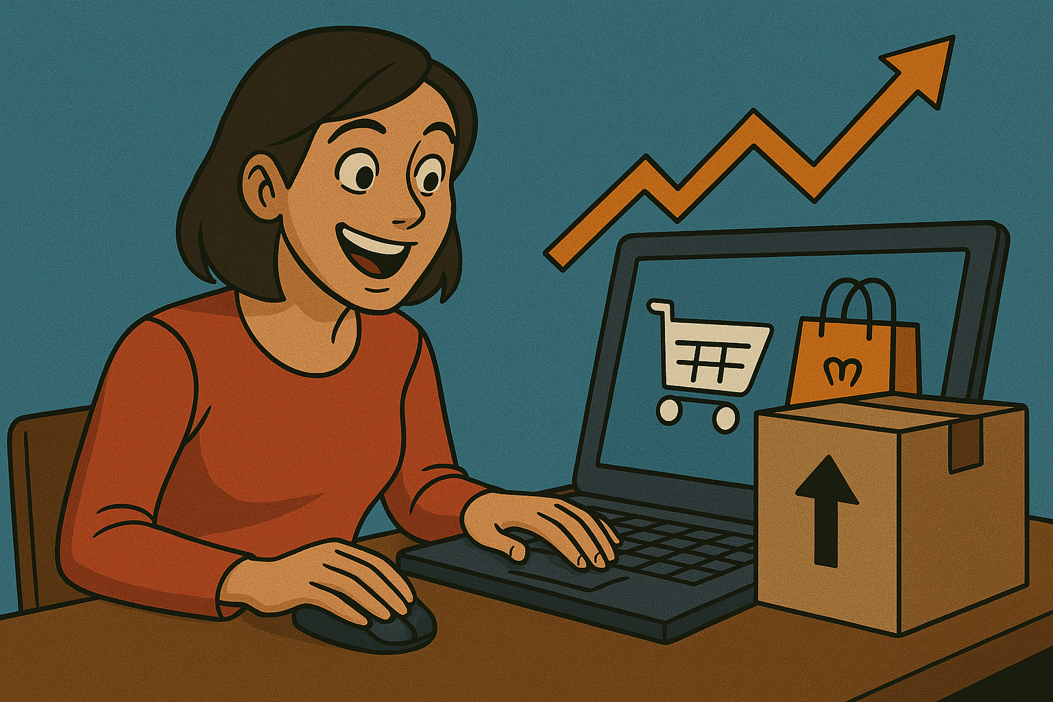 Mujer feliz usando su computadora para vender productos en línea, con iconos de carrito de compras, bolsa de compras y caja de envío, y una flecha de crecimiento.