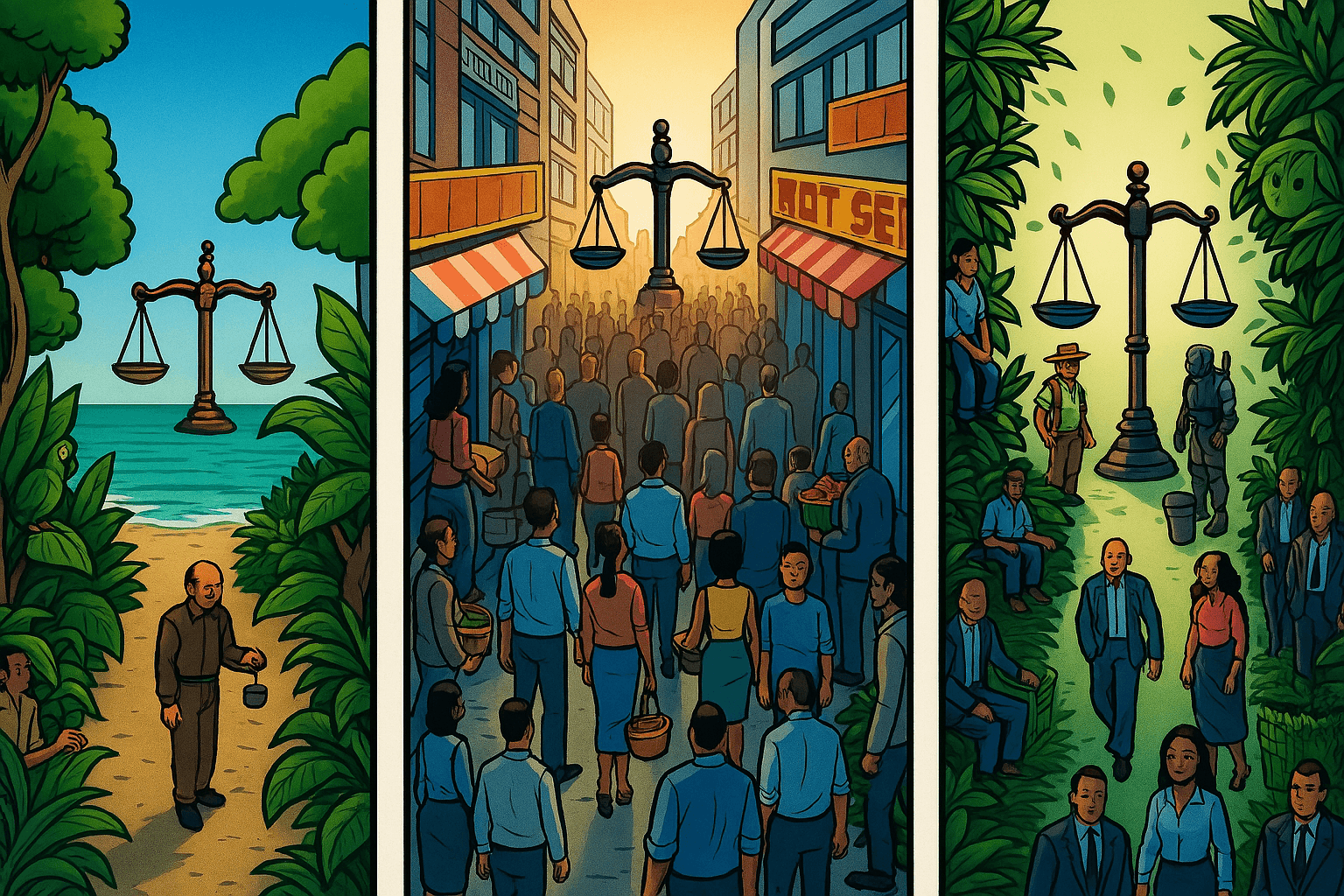 Ilustración dividida en tres escenas con una balanza de justicia en cada una, representando el equilibrio entre medio ambiente, sociedad y gobernanza (ESG) en el contexto empresarial de Latinoamérica.